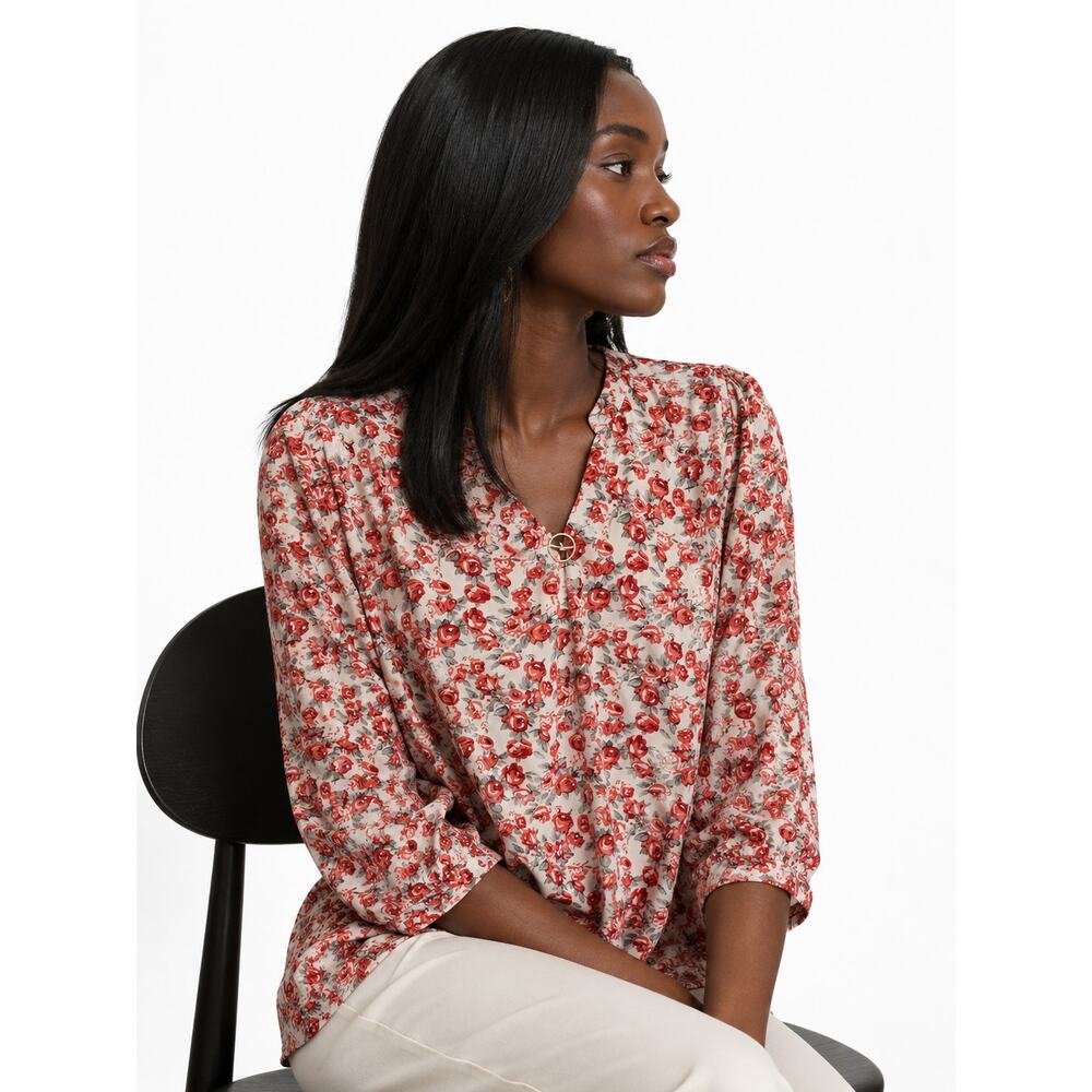 LR1915 Valolia Floral Blouse Women’s XXL Red Rose 3/4 Sleeve Casual Tunic